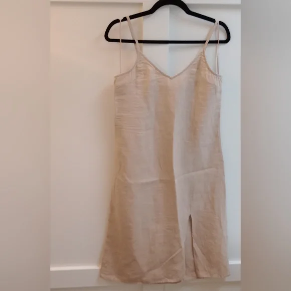 RACHEL ZOE Oxford Tan Linen Strappy Side Slit Midi Dress - Picture 3 of 12